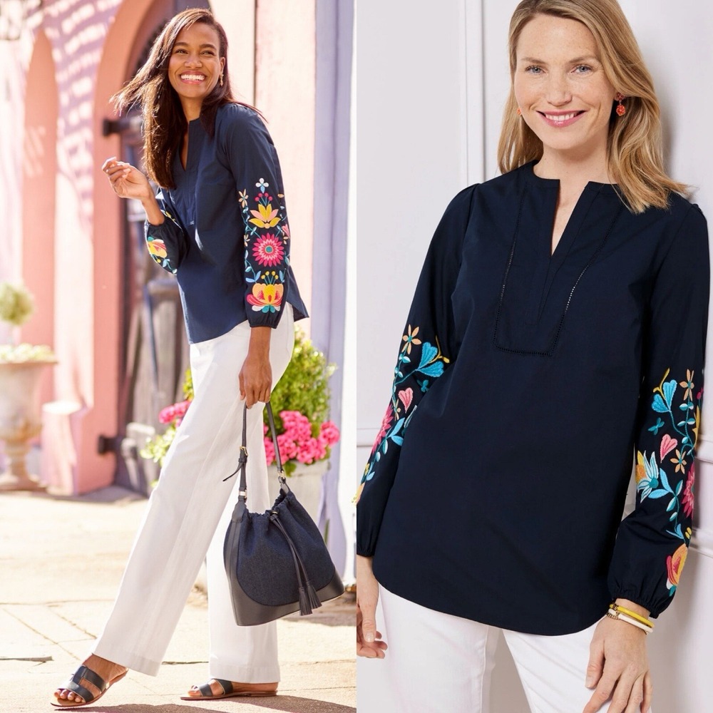 Talbots Navy Blue Floral Embroidered Sleeve Poplin Top Blouse 100% Cotton Sz S